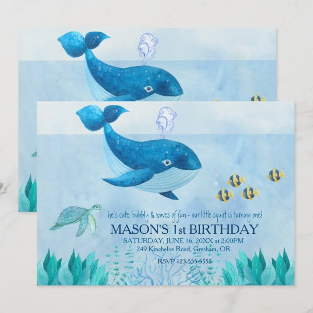 Invitación a primer cumpleaños con tema de ballena (Anverso / Reverso)