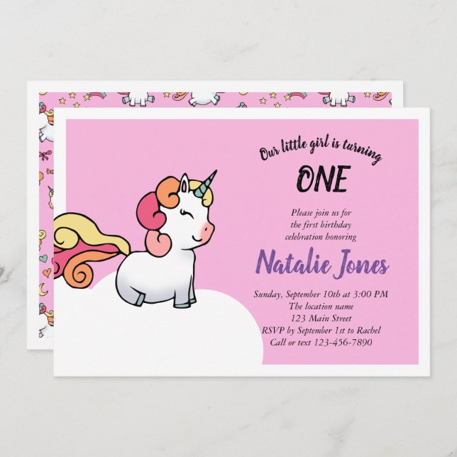 Invitación a primer cumpleaños con unicornio - ros (Anverso / Reverso)