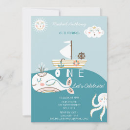 Invitación a primer cumpleaños de ballena azul