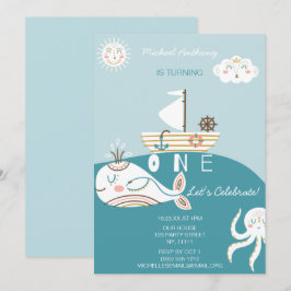 Invitación a primer cumpleaños de ballena azul