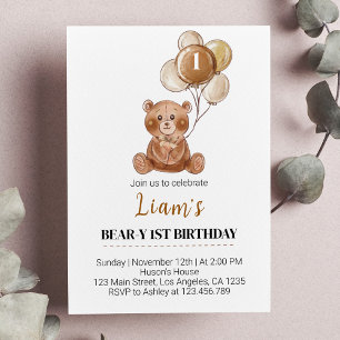 Invitación a primer cumpleaños de Brown Teddy Bear