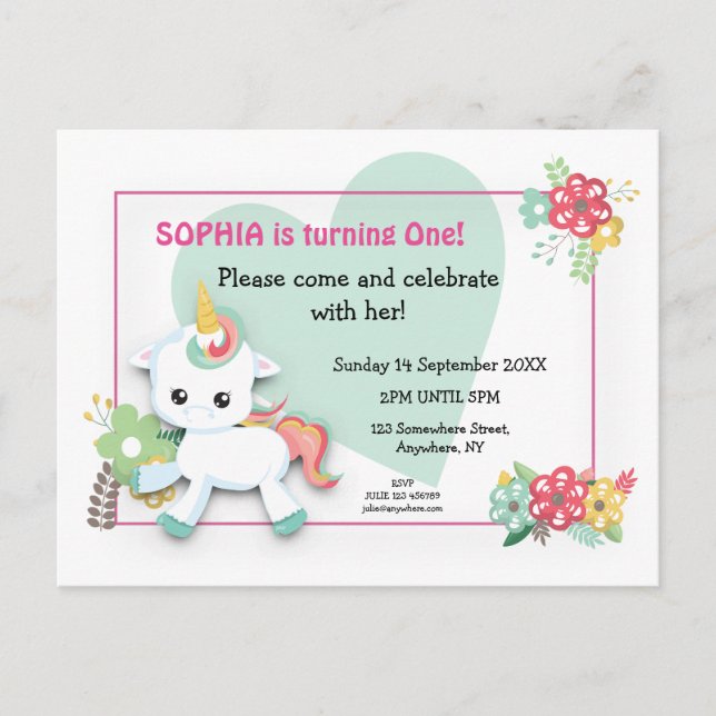 Invitación a primer cumpleaños de Cute Baby Unicor (Anverso)