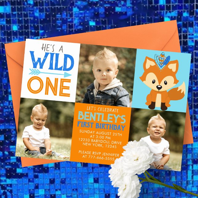 Invitación a primer cumpleaños de Fox Wild One 3 P (Wild One Tribal Forest Fox 3 Picture Photo Invitation in Blue, Orange and Brown)