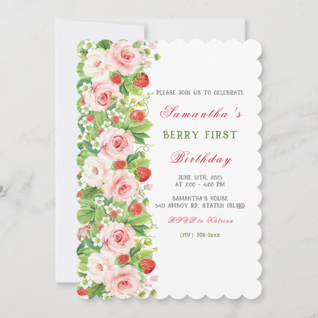 Invitación a primer cumpleaños de fresa (Anverso)