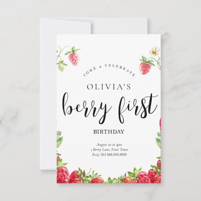 Invitación a primer cumpleaños de fresa (Anverso)