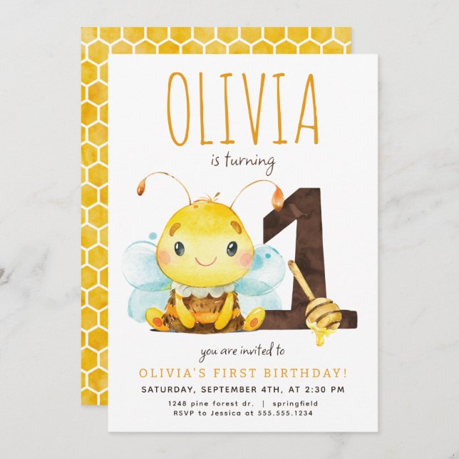 Invitación a primer cumpleaños de Honey Bee (Anverso / Reverso)