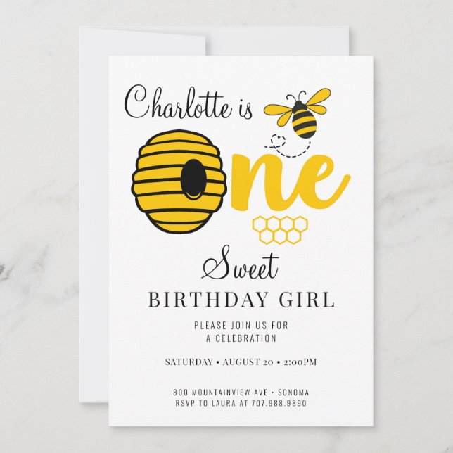Invitación a primer cumpleaños de Honey Bee Hive H (Anverso)