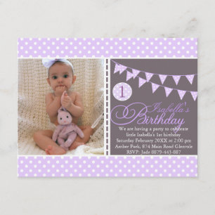 Invitación a primer cumpleaños de morado para la r