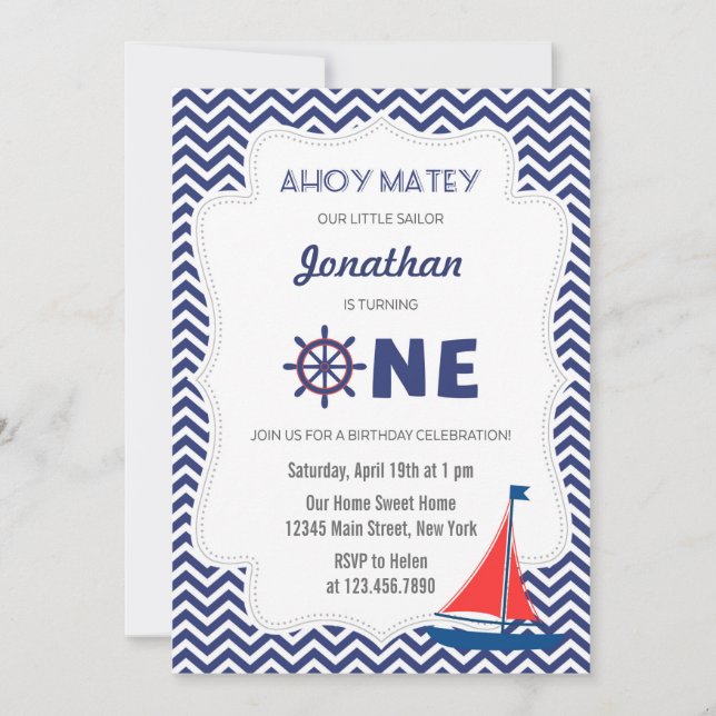 Invitación a primer cumpleaños de náutica náutica (Anverso)