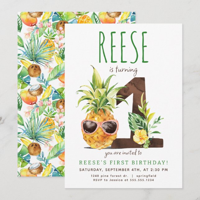 Invitación a primer cumpleaños de piña tropical (Anverso / Reverso)