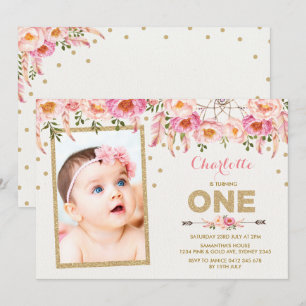 Invitación a primer cumpleaños de Pink Gold Boho F