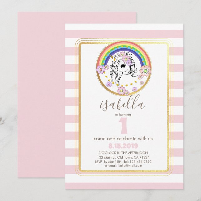 Invitación a primer cumpleaños de Pink Gold Unicor (Anverso / Reverso)