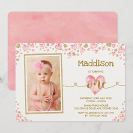 Invitación a primer cumpleaños de Pink Hearts