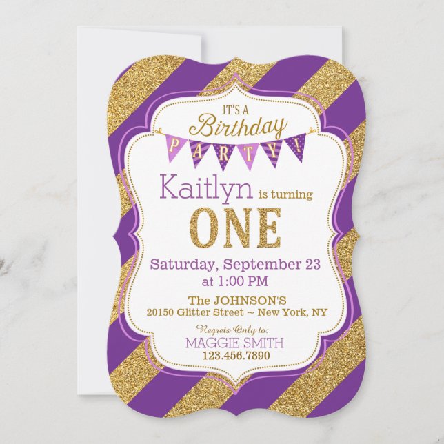Invitación a primer cumpleaños de Purpurina de oro (Anverso)