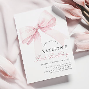 Invitación a primer cumpleaños de Rubor Pink Bow