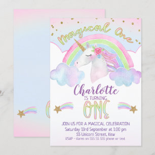 Invitación a primer cumpleaños de Unicorn Rainbow