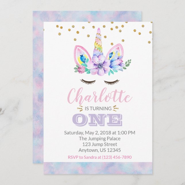 Invitación a primer cumpleaños de Unicornio - acua (Anverso / Reverso)