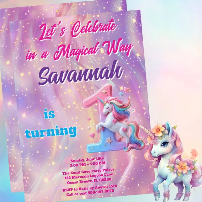 Invitación a primer cumpleaños de Unicornio Pink P (Magical Unicorn Birthday Party Invitation)