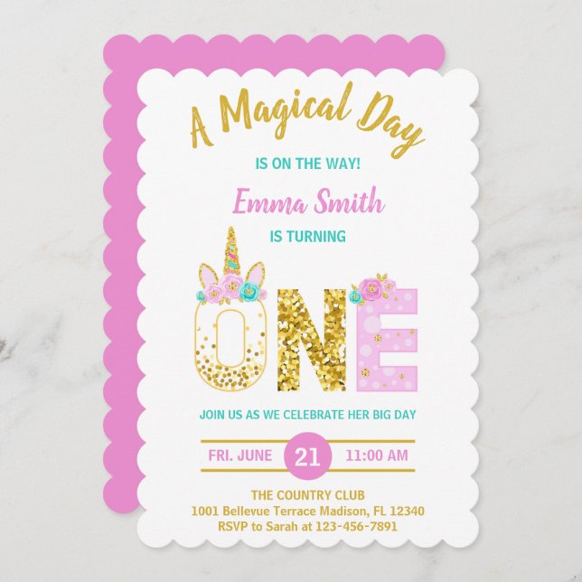 Invitación a primer cumpleaños de Unicornio rosa P (Anverso / Reverso)