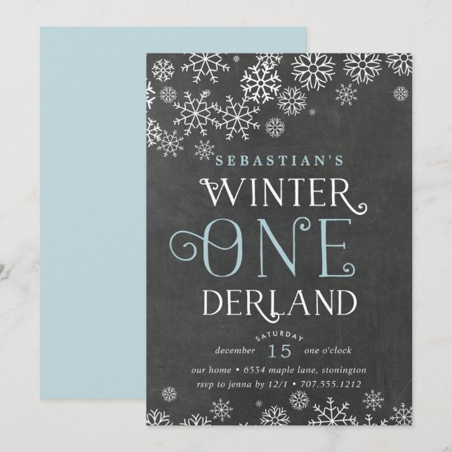 Invitación a primer cumpleaños de Winter Wonderlan (Anverso / Reverso)