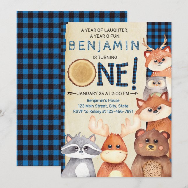 Invitación a primer cumpleaños de Woodland Lumberj (Anverso / Reverso)