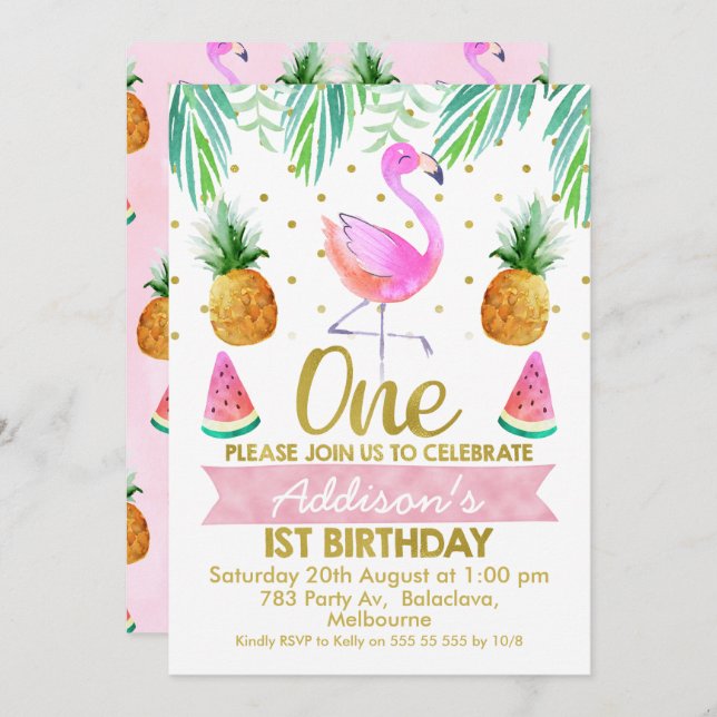 Invitación a primer cumpleaños del flamenco tropic (Anverso / Reverso)