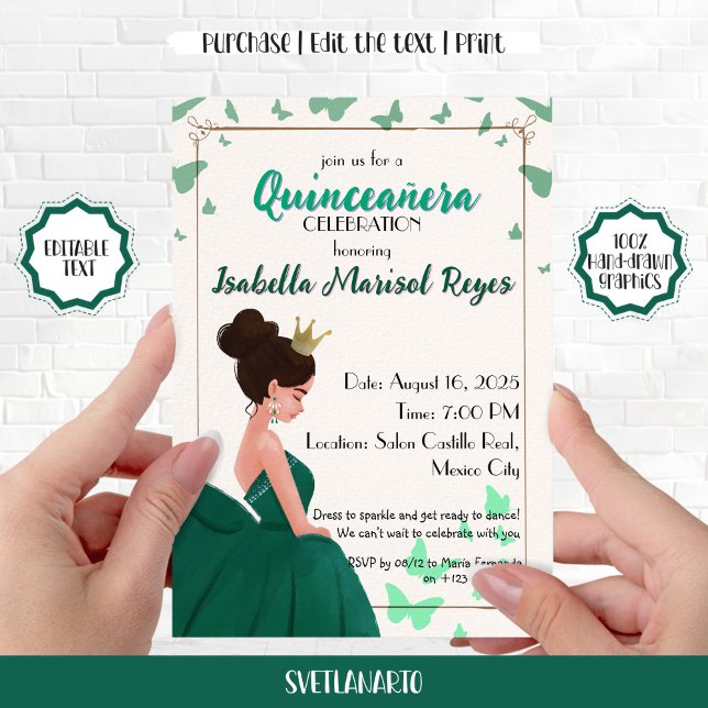 Invitación a princesa elegante verde de Quinceañer (Subido por el creador)