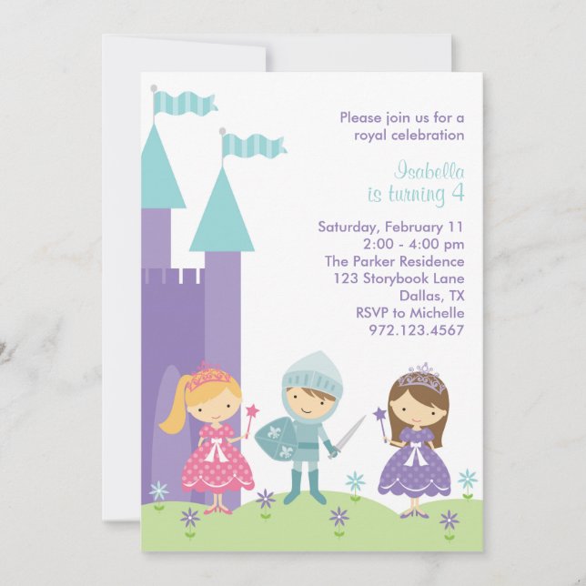 Invitación a princesa morada, rosa y Verde azulada (Anverso)