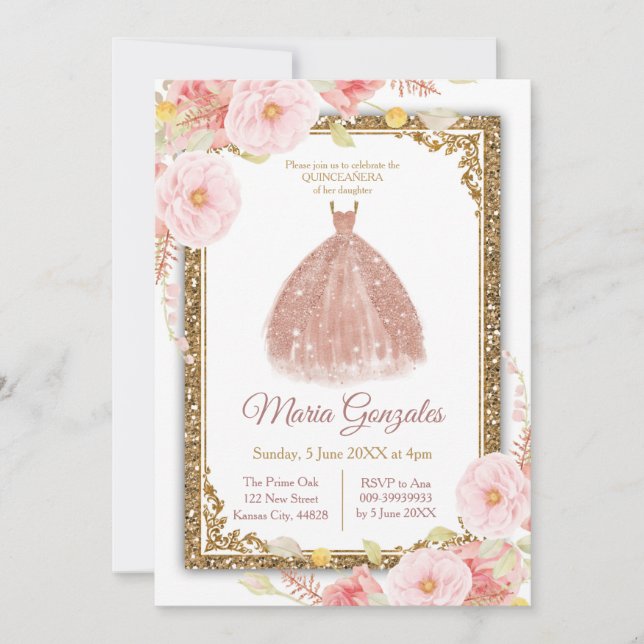 Invitación a princesas de oro Rosa - Quince blanco (Anverso)