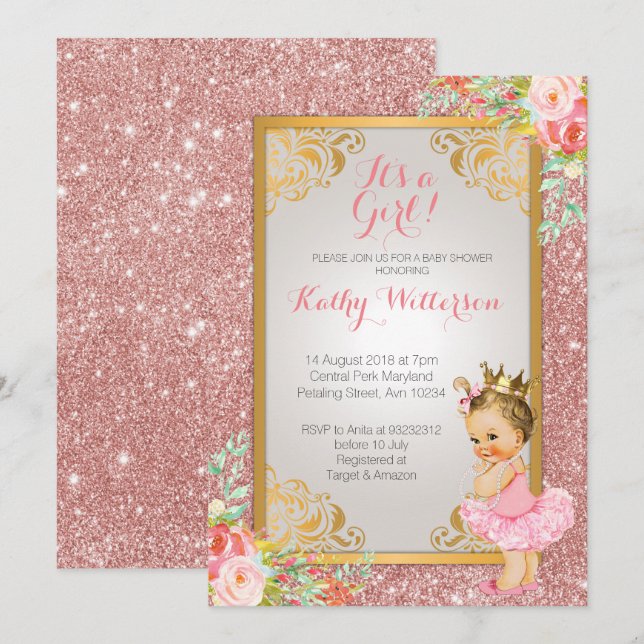 Invitación a Princess Rosa Gold Baby Shower (Anverso / Reverso)