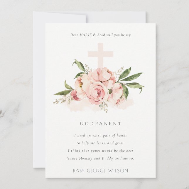 Invitación a propuesta de Peach Peony Floral Cross (Anverso)
