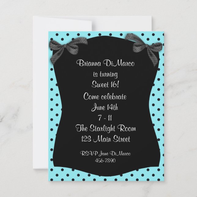 Invitación a punto de polka Aqua Negro (Anverso)