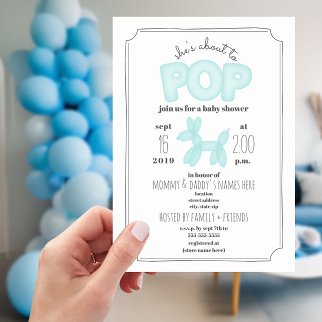 Invitación A Punto De Pop Blue Balloon Animal Baby Shower (Subido por el creador)