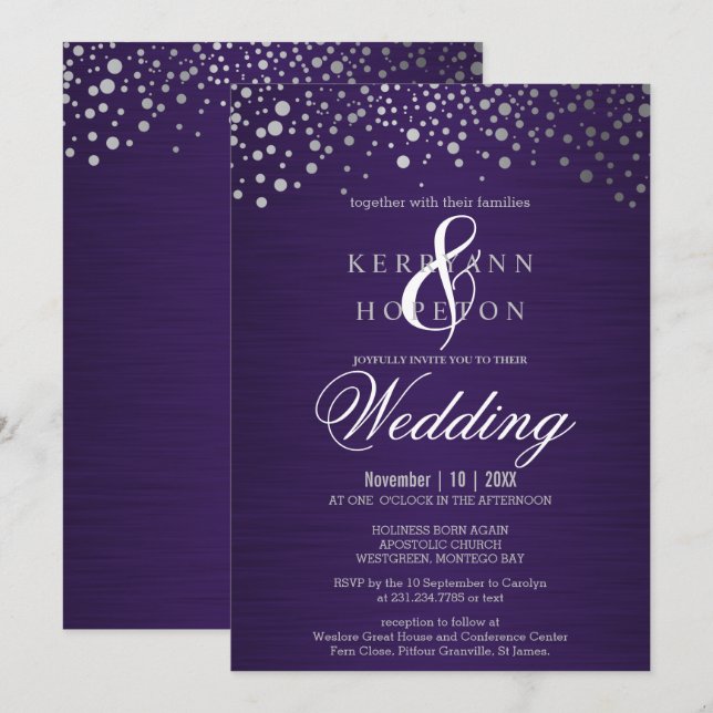 Invitación a puntos de confeti morado y plateado (Anverso / Reverso)