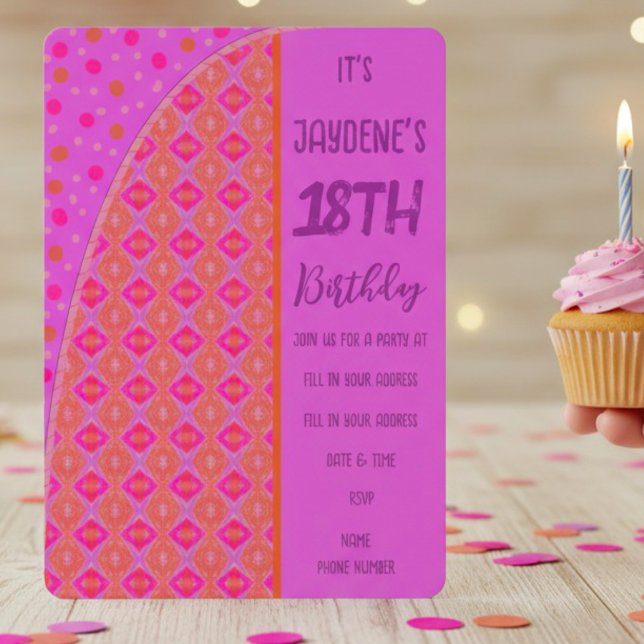 Invitación a puntos de diamante rosado púrpura Nar (Go a little crazy this birthday with a fun purple, pink & orange youthful combination. Customize it.)