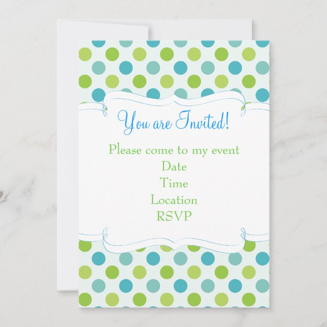 Invitación a puntos de polka azul y verde (Anverso)