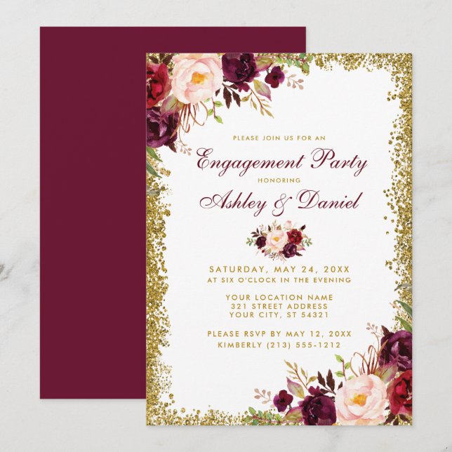 Invitación a Purpurina de Burgundy Floral Gold (Anverso / Reverso)
