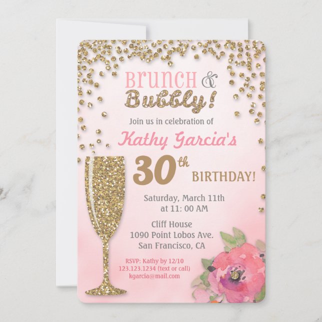 Invitación a Purpurina de cumpleaños brunch y bubb (Anverso)