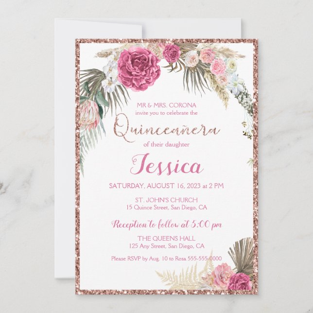 Invitación a Purpurina floral Rosa Quinceanera (Anverso)