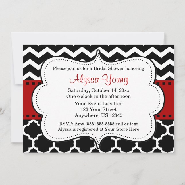 Invitación a Quatrefoil de Chevron rojo y negro (Anverso)