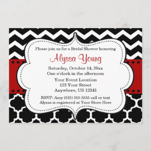 Invitación a Quatrefoil de Chevron rojo y negro