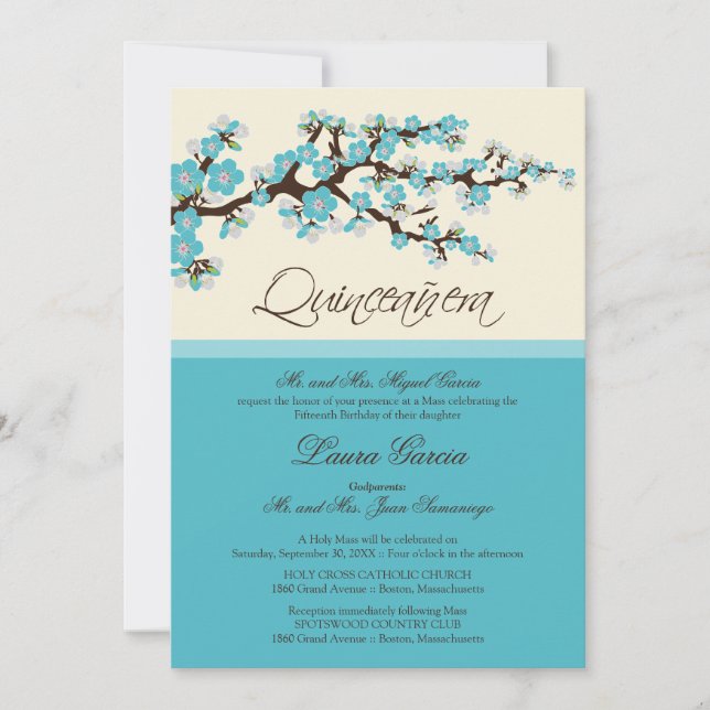 Invitación a Quinceanera (aqua) con flores de cere (Anverso)