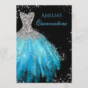 Invitación a Quinceanera azul con vestido de espum