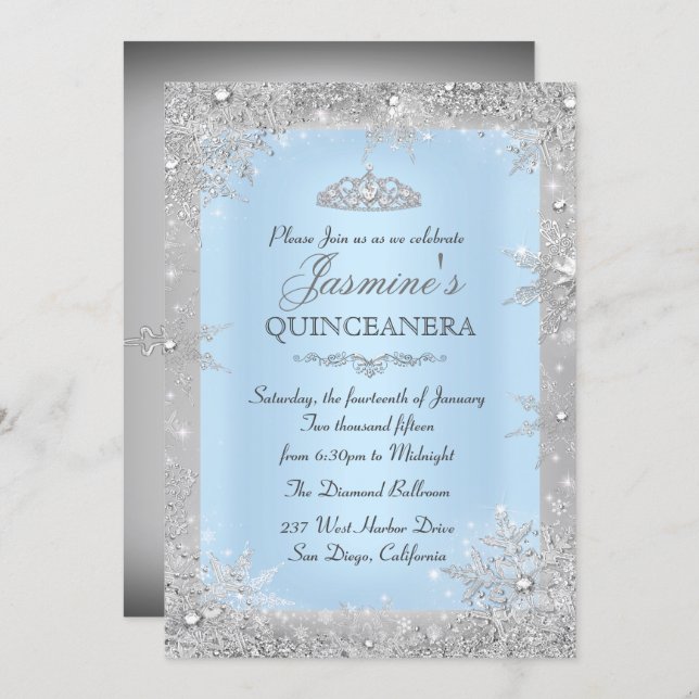 Invitación a Quinceanera azul de invierno plateado (Anverso / Reverso)