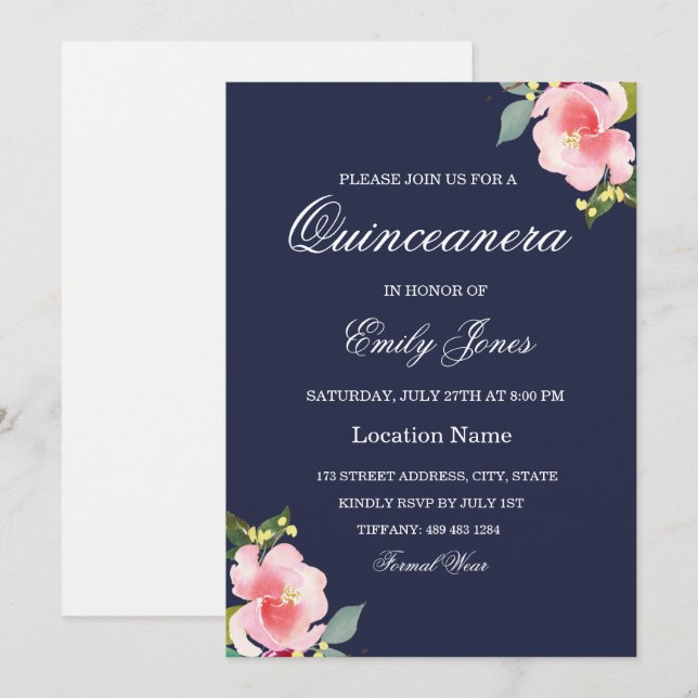 Invitación a Quinceanera Azul de la Marina de Flor (Anverso / Reverso)