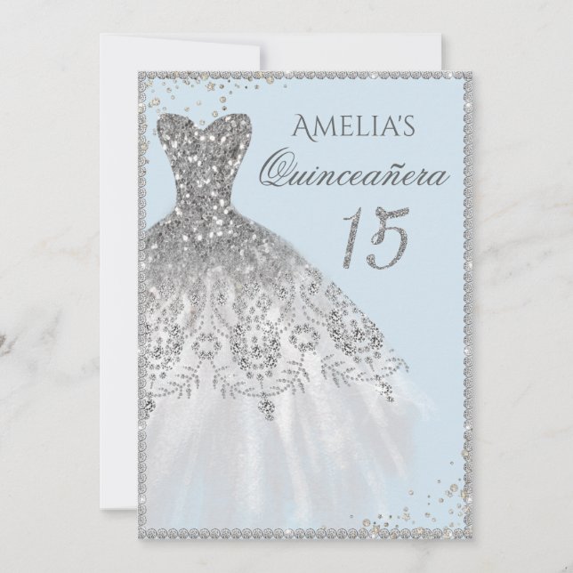 Invitación a Quinceanera Azul de Plata Vestido de  (Anverso)