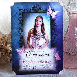 Invitación a Quinceanera Azul, mariposas rosadas