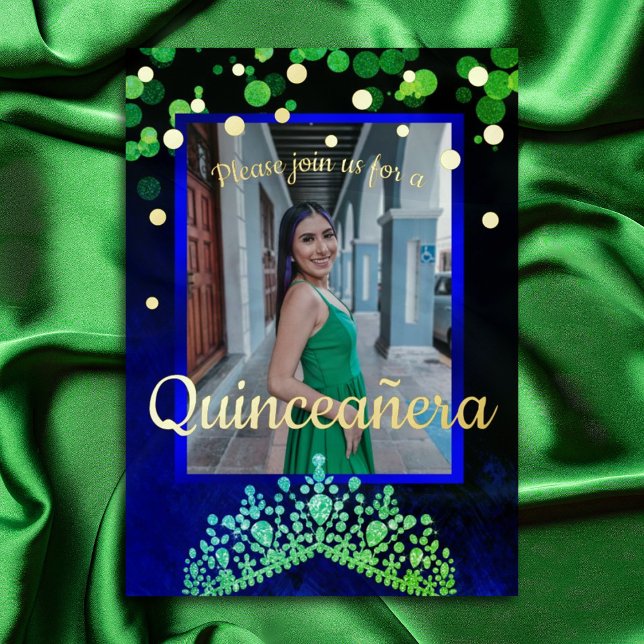 Invitación a Quinceanera Azul, Verde Shimmery, oro (Emerald green tiara quinceanera, sapphire blue gemstones rhinestones mis quince invitations)