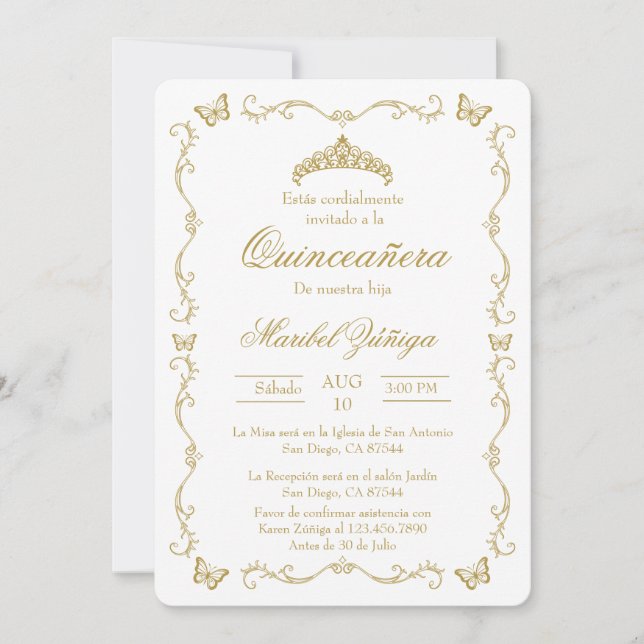 Invitación a Quinceanera con beige dorado (Anverso)