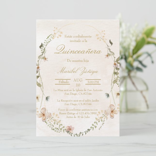 Invitación a Quinceanera con beige dorado (Anverso de pie)